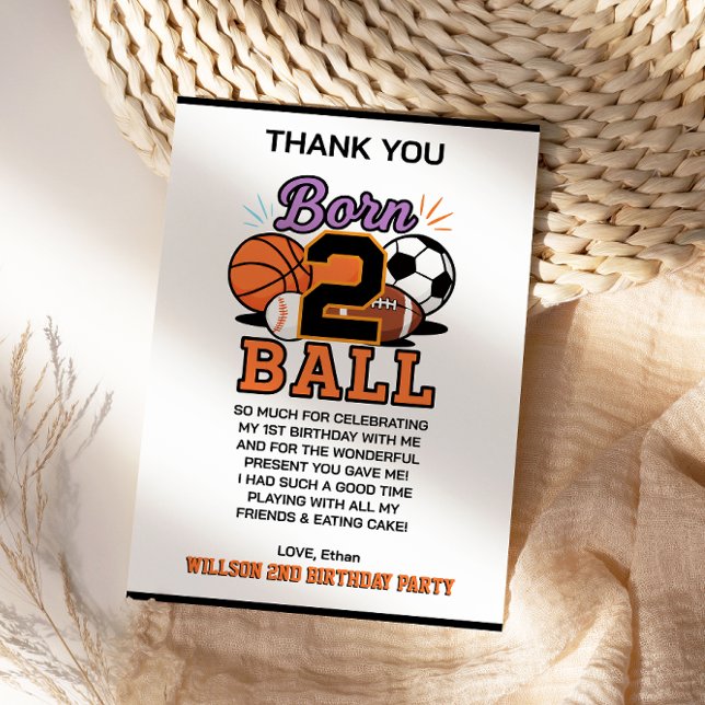Born 2 Ball Sports-Themed Boy 2nd Birthday Party Thank You Card (Born 2 Ball Sports-Themed Boy 2nd Birthday Party Thank You Card)