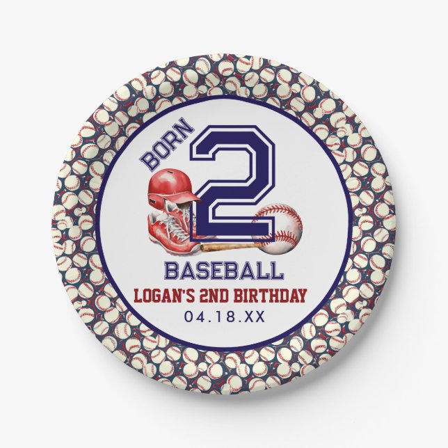 Born 2 Baseball | Sports Theme Boy's 2nd Birthday  Paper Plate (Front)