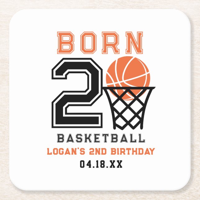 Born 2 Basketball | Sports Boy's 2nd Birthday Square Paper Coaster (Front)