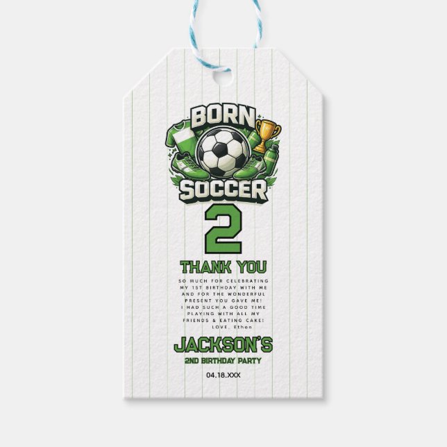 Born 2 Soccer Sports Themed Boy 2nd Birthday Party Gift Tags (Front)