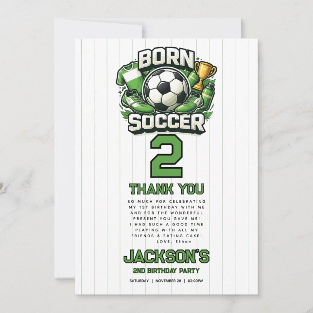 Born 2 Soccer Sports Themed Boy 2nd Birthday Party Thank You Card (Front)