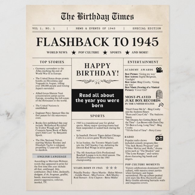 Born in 1945 Mock Newspaper sepia (Front)