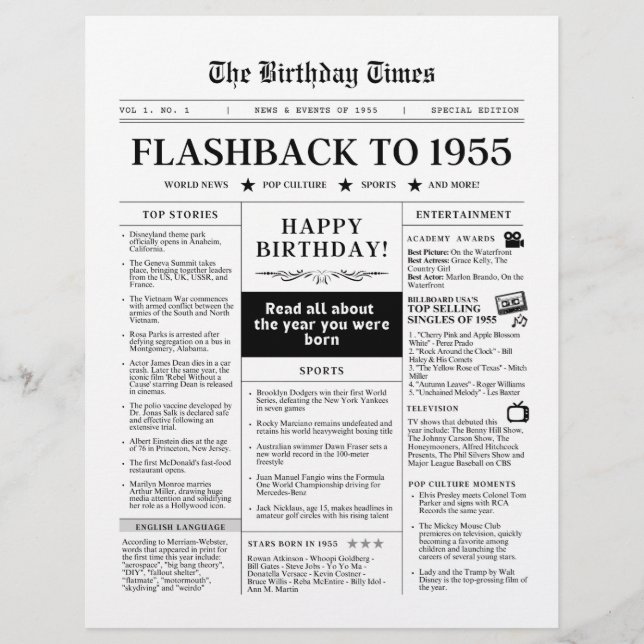 Born in 1955 Mock Newspaper black and white (Front)