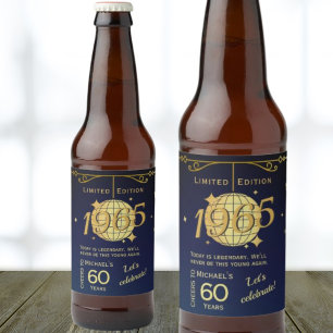 Born in 1965 60th birthday party blue beer Label