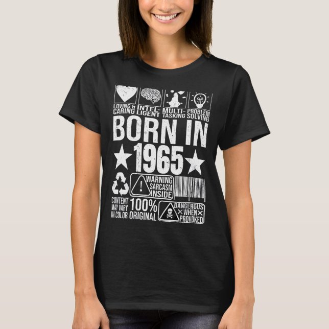 Born In 1965 Content Warning Label Barcode Birthda T-Shirt (Front)