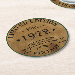 born in 1972 vintage birthday round paper coaster