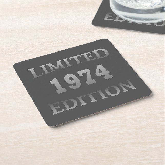 Born in 1974 50th birthday party square paper coaster (Angled)