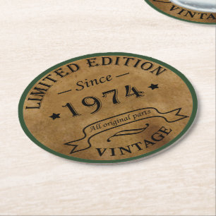 Born in 1974 vintage 50th birthday round paper coaster