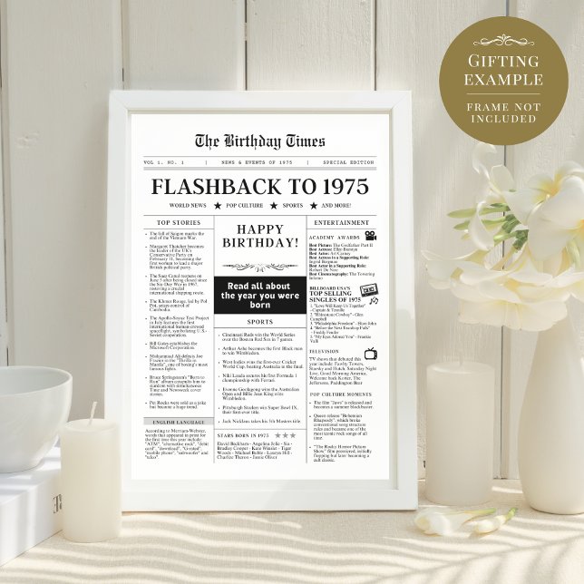 Born in 1975 Mock Newspaper black and white (Flashback to 1975, mock newspaper from the year you were born. Can be framed to create a unique gift)
