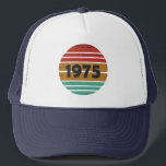 Born in 1975 vintage 50th birthday gift trucker hat<br><div class="desc">This vintage classic graphic design with awesome typography font lettering can add originality to your wardrobe collection. It is a great gift idea for men, women, husbands, wives, girlfriends, and boyfriends who will love this one-of-a-kind artwork. It is the best and most funny holiday present for your happy birthday party....</div>