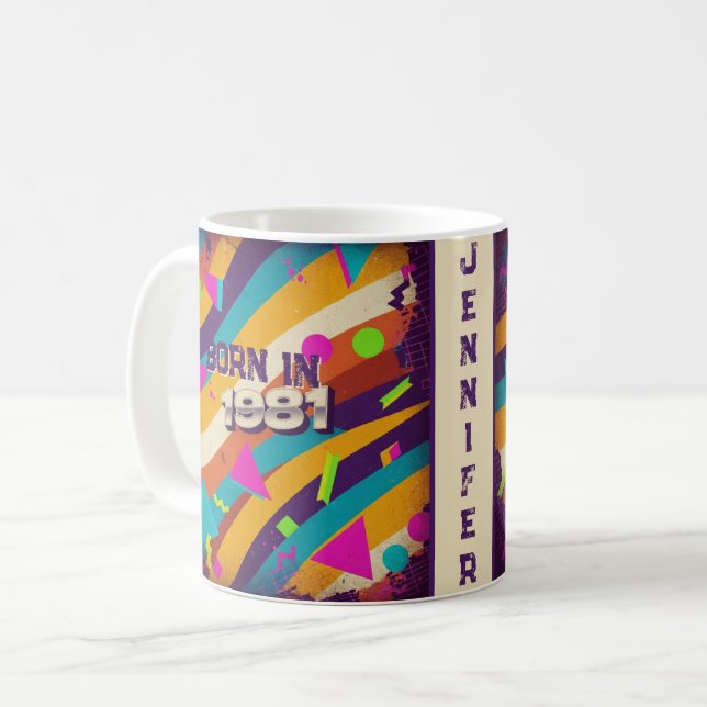 Born in 1981 Personalised Mug - 80s Neon Geometric (Front Left)