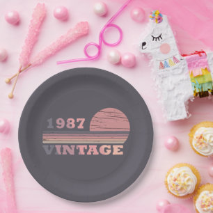 born in 1987 vintage birthday pink and purple paper plate