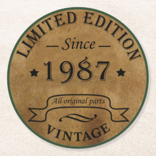 born in 1987 vintage birthday round paper coaster