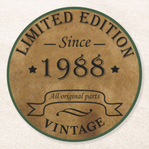 born in 1988 vintage birthday round paper coaster