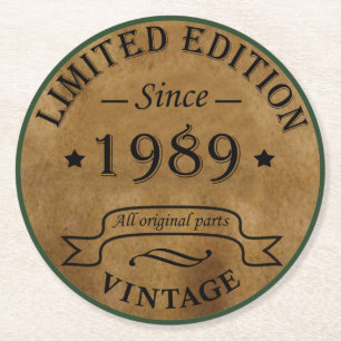 born in 1989 vintage birthday round paper coaster