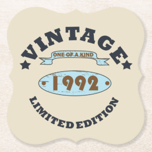 born in 1992 vintage birthday gift paper coaster
