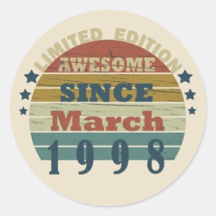 born in march 1998 vintage birthday classic round sticker
