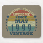 Born in may 1999 vintage birthday mouse mat<br><div class="desc">You can add some originality to your wardrobe with this original 1999 vintage sunset retro-looking birthday design with awesome colours and typography font lettering, is a great gift idea for men, women, husband, wife girlfriend, and a boyfriend who will love this one-of-a-kind artwork. The best amazing and funny holiday present...</div>