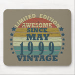 Born in may 1999 vintage birthday mouse mat<br><div class="desc">You can add some originality to your wardrobe with this original 1999 vintage sunset retro-looking birthday design with awesome colours and typography font lettering, is a great gift idea for men, women, husband, wife girlfriend, and a boyfriend who will love this one-of-a-kind artwork. The best amazing and funny holiday present...</div>