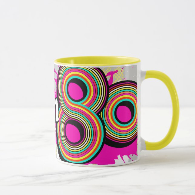 "Born in the 80's" pink grey logo retro mug (Right)