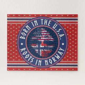 "Born in USA · Roots in Norway" Blue with Sweater Jigsaw Puzzle