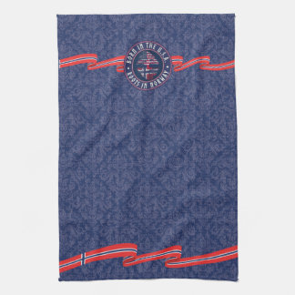 "Born in USA · Roots in Norway" in Blue and Ribbon Tea Towel
