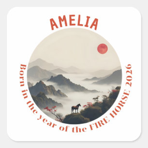 Born in Year of the Horse 2026 Chinese Mountain Square Sticker