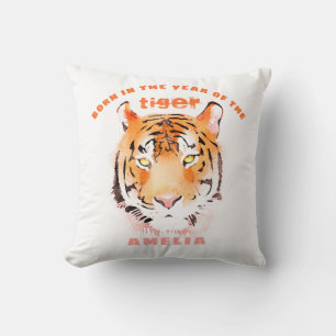 Born in year of Tiger Watercolor 2022 Baby Girl Cushion