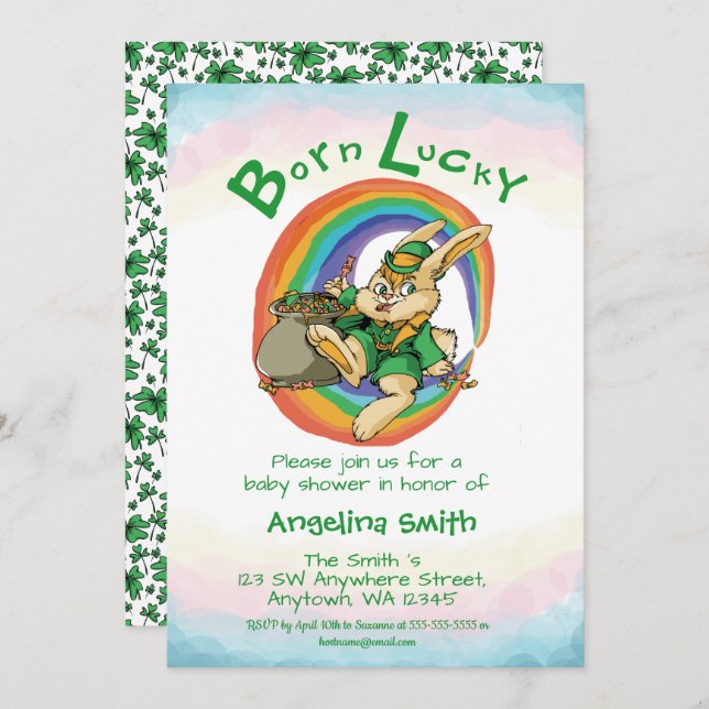 Born Lucky Little Saint Patrick Rabbit Baby Shower Invitation (Front/Back)