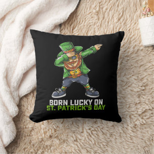 Born Lucky On St Patrick's Day Dabbing Birthday Cushion