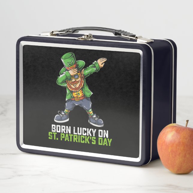Born Lucky On St Patrick's Day Dabbing Birthday Metal Lunch Box (In Situ)