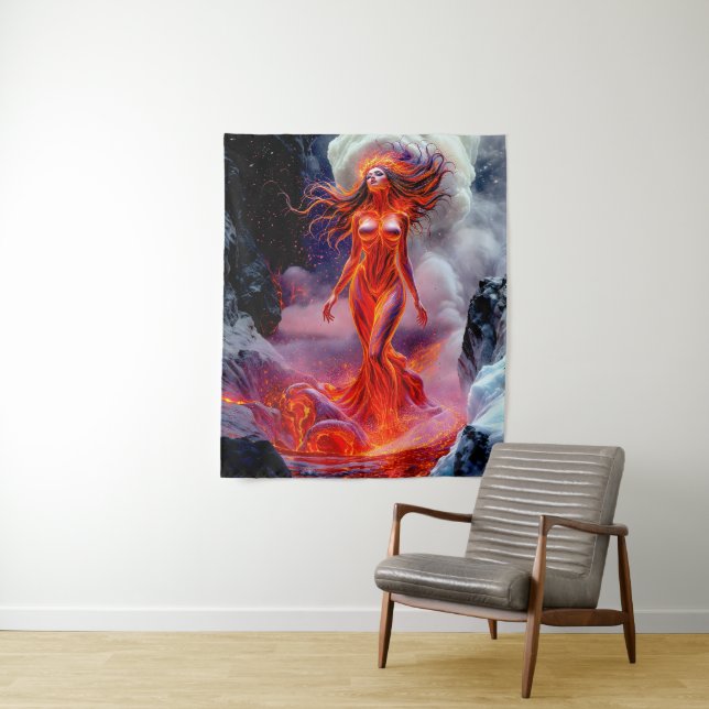 “Born of the Inferno” – Volcanic Woman Portrait Tapestry (In Situ)
