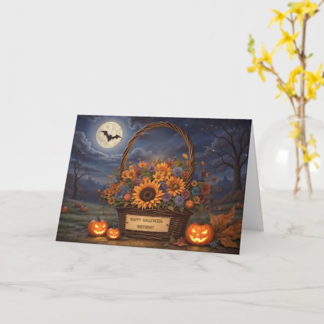 Born on Halloween Birthday Cute Basket of Flowers Card (Yellow Flower)
