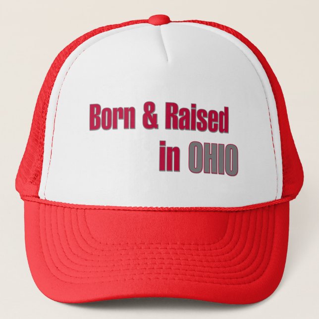 Born & Raised in Ohio (Red & Grey Design) Hat (Front)