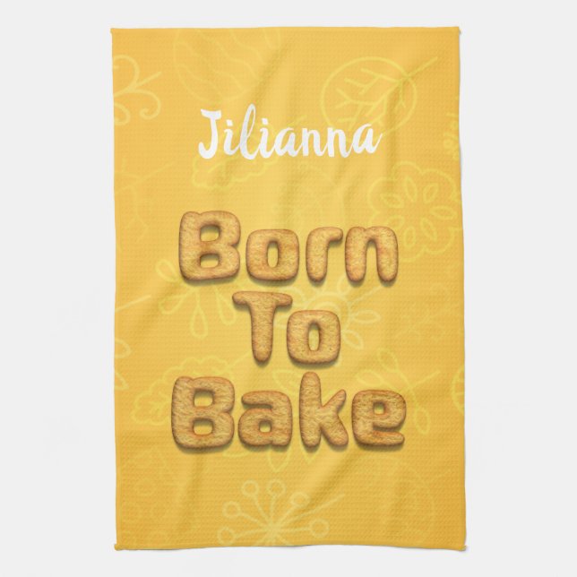 Born to bake cooking bread typography humour tea towel (Vertical)