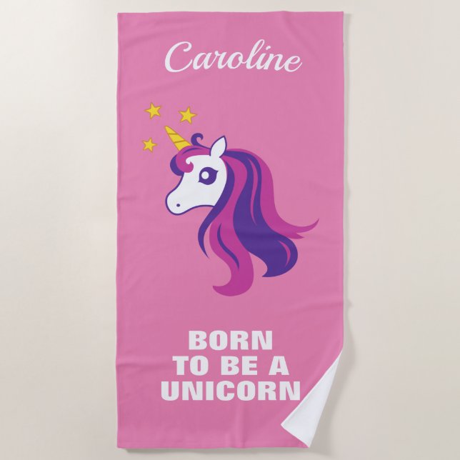 Born to be a unicorn cute pink personalised beach towel (Front)