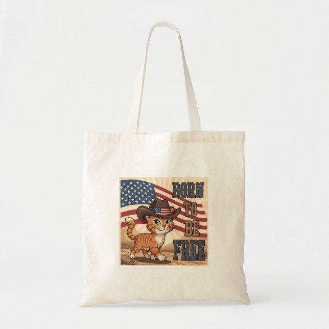 Born to Be Free – Cowboy Cat Patriotic Tote Bag (Front)