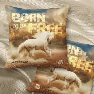 Born to be Free: Running White Horse in Desert - Cushion