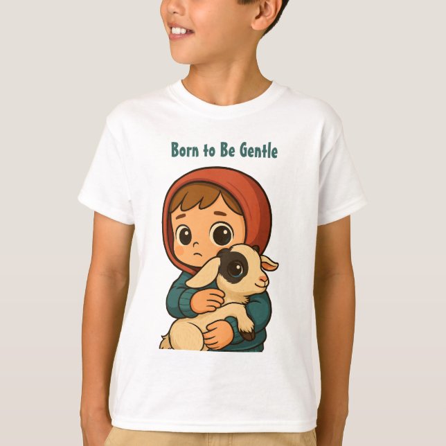 Born to Be Gentle" Cute Child & Lamb Illustration T-Shirt (Front)