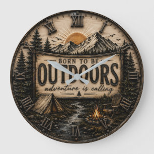 Born to Be Outdoors Rustic Camping Mountain Large Clock