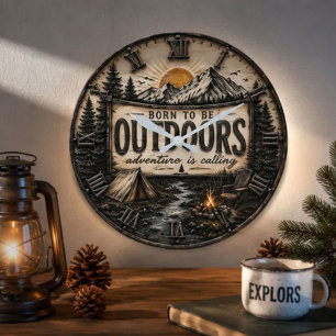 Born to Be Outdoors Rustic Camping Mountain Large Clock
