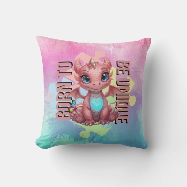 Born to Be Unique Cute Pink Dragon– Inspirational  Cushion (Front)