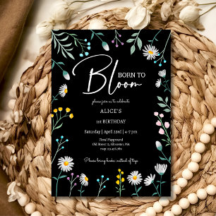 Born to bloom black daisy kids birthday invitation