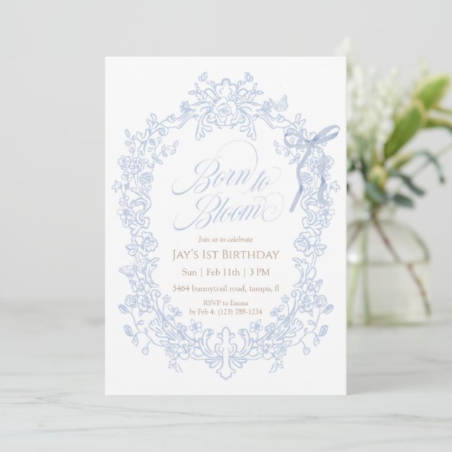 Born to Bloom Blue Floral Birthday Invitation (Standing Front)