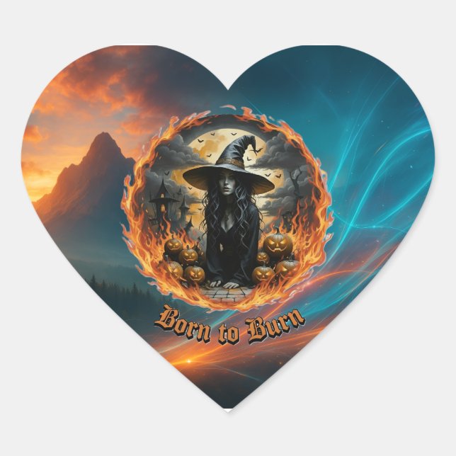 Born to Burn Witch & Fire Heart Sticker (Front)