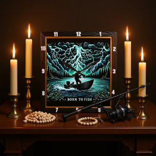 Born to Fish Aquatic Lightning Square Wall Clock