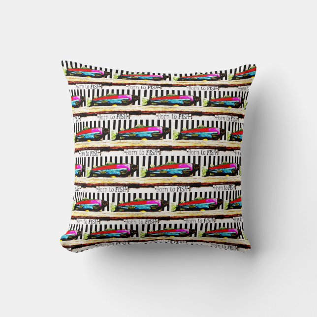 Born to fish,  colourful fisherman's pattern cushion (Front)