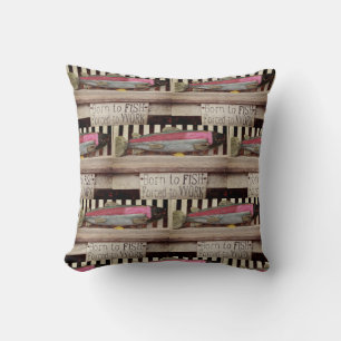 Born to fish, colourful fisherman's pattern cushion