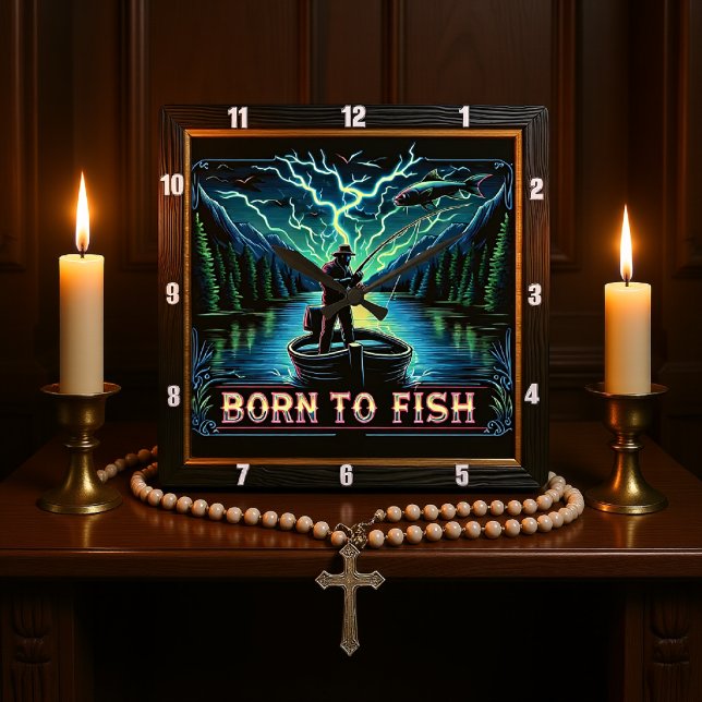 Born to Fish Neon Lake Fishing Square Wall Clock (Creator Uploaded)