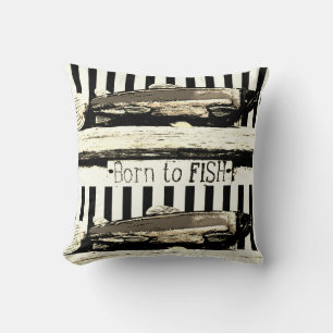 Born to fish, sepia tone fisherman's pattern cushion